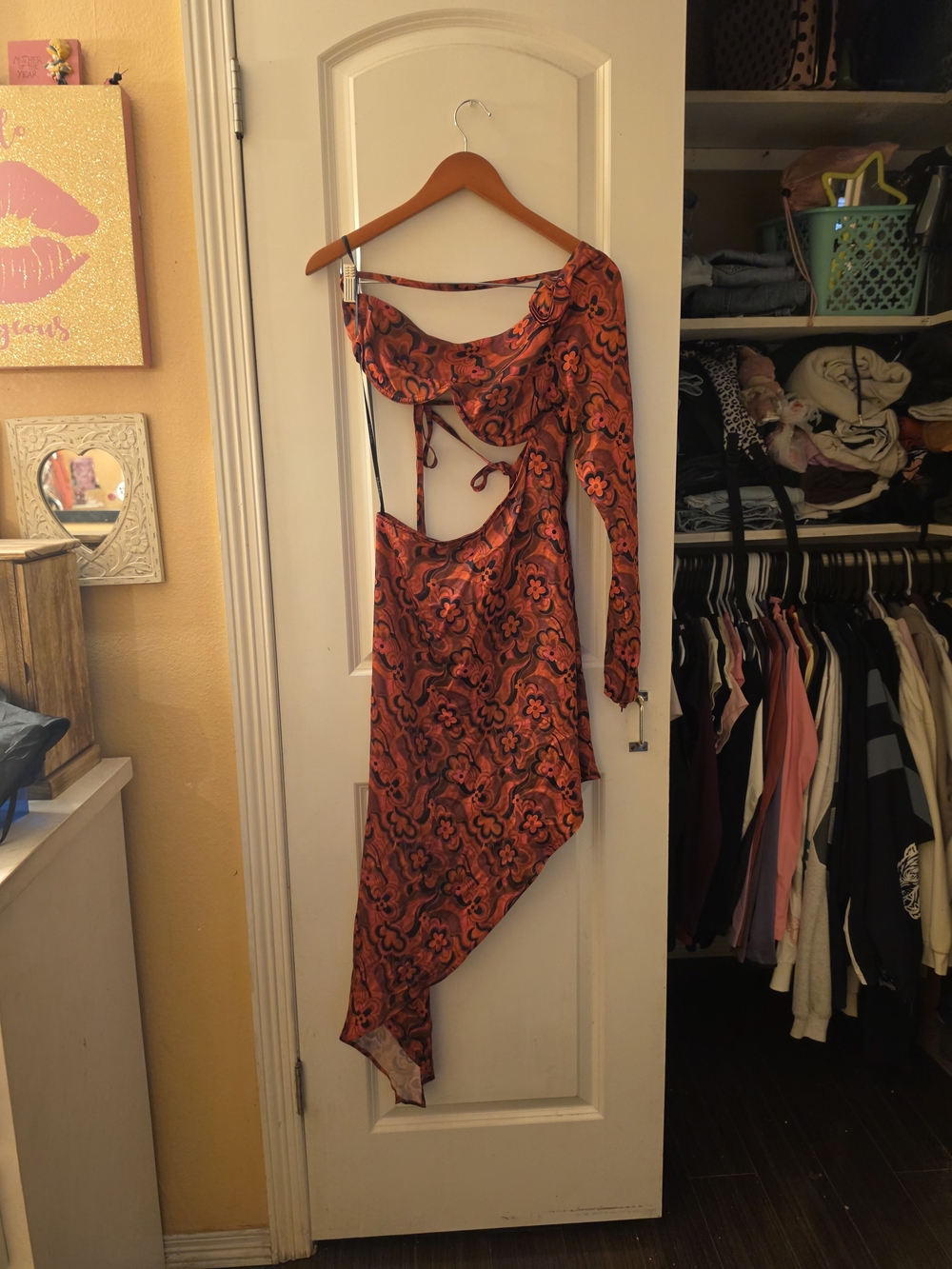 For Love & Lemons Orange Floral Asymmetrical Cut-Out Dress